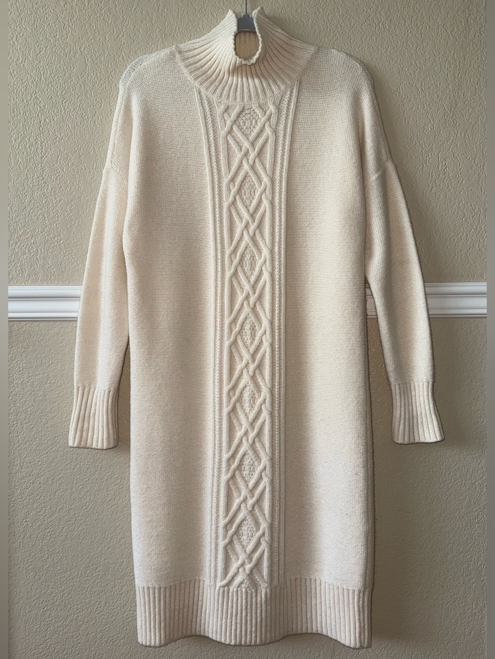 Ann Taylor Wool Alpaca Cable Knit Sweater Dress Ivory Cream Mock Neck Medium